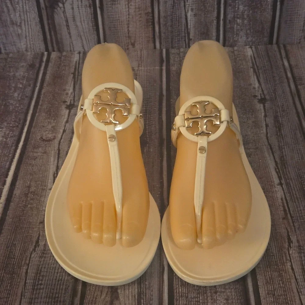 Sz 7 Womens Tory Burch Mini Miller Jelly  Ivory Cream Gold Logo Thong Sandals